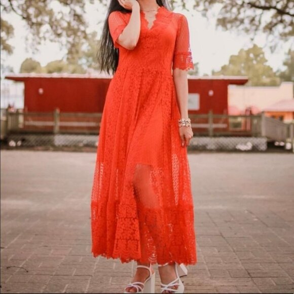 Maje Paris Revanti Red Lace v-neck short sleeve  maxi dress size 1 (small) - Picture 2 of 16